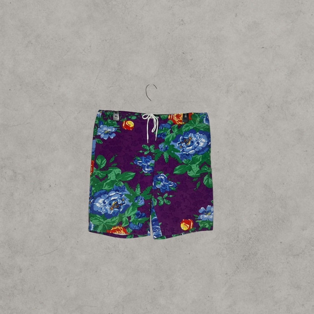 Mens Purple Floral Swim Trunks Blue Rose Print Drawstring Board Shorts Summer